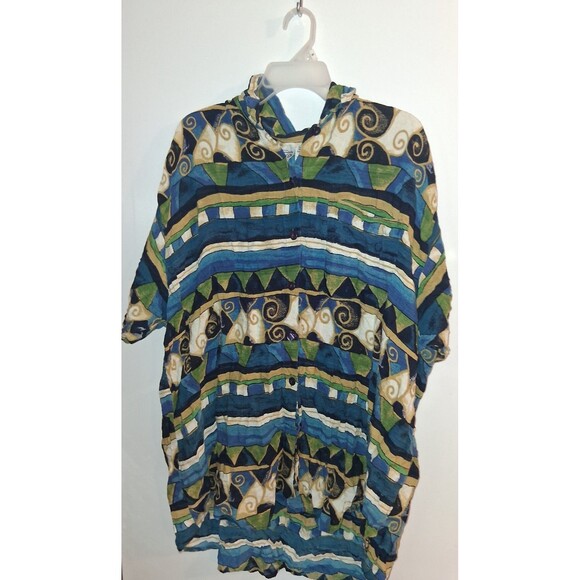 Nile Queen Multicolor Geometric Short Sleeve Button Up Blouse Sz OSFM - Picture 1 of 3